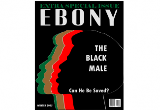 Fake image of an Ebony magazine covers with shadows of men heads colored red, green, black, brown