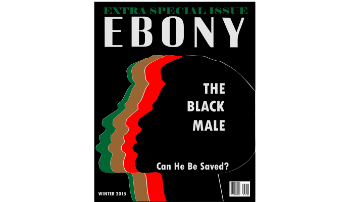 Fake image of an Ebony magazine covers with shadows of men heads colored red, green, black, brown