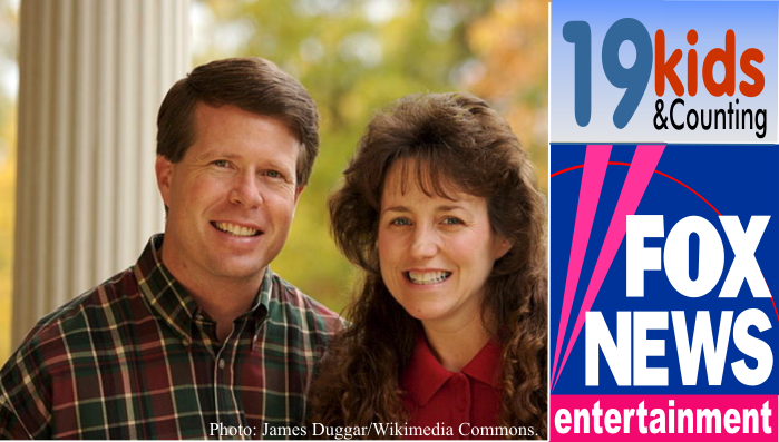 Jim Bob Duggar and his wife and logos for Fox News and the 19 Kids and Counting reality show