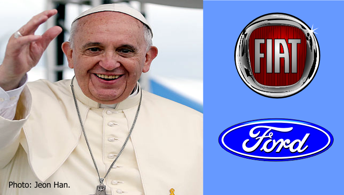 Picture with Pope Francis covering 2/3 of the frame and the logos of Fiat and Ford Motors occuping the other 1/3 of the frame.