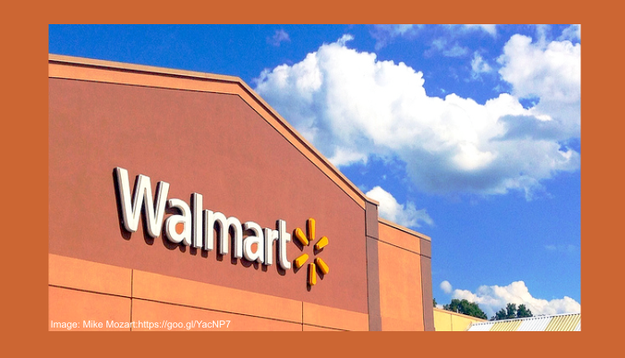 Photo of top of a Walmart store showing the Walmart logo