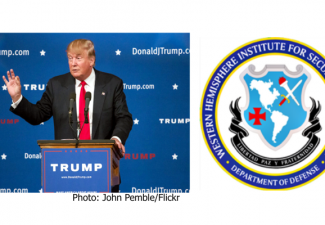 Campaign Photo of Donald Trump speaking from a podium. Logo for the U.S. Army Western Hemisphere Institute for Security Cooperation school.