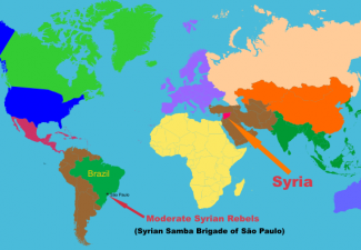 World map outline with highlights on Syria and Brazil.