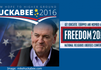 Mike Huckabee campaign logo with his picture/logo for National Religious Liberties 2015 Conference