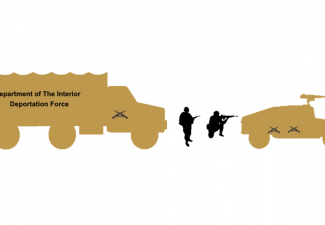 Outline of a Humvee and large military transportation truck with lettering of a fictitious Department of the Interior Deportation Force.