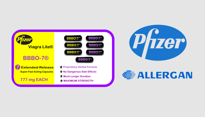 Logos of Pfizer and Allergan with graphic of a fake herbal viagra product with labeling and showing 7 capsules of the fake product