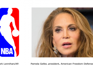 Anti-Islam activist Pamela Geller and NBA logo.
